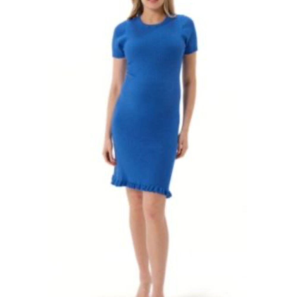 BP Women's Blue Ribbed Knit Bodycon Scoop Neck Lettuce Edge Mini Dress NWT M